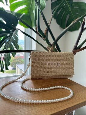 Dior Beige Raffia Crossbody with Pearl Strap